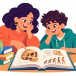 Illustration of a parent and a curious twelve year old looking at a fossil skull picture in a book at the kitchen table