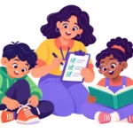 Illustration for IEP skills checklist: a special education teacher holding a clipboard checklist while watching two students practice tying shoes and reading together