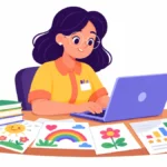 Teacher filling in an ILP template on a laptop beside student work samples