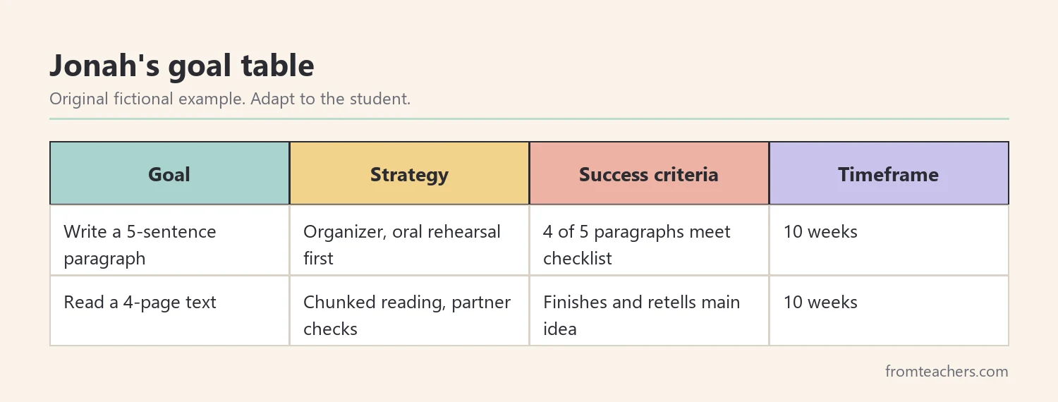 Goal table from a fictional individual learning plan showing goals, strategies, success criteria, and timeframes
