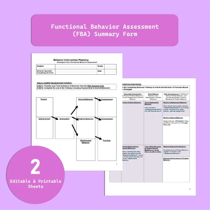 Behavior intervention plan template cover with two editable and printable sheets