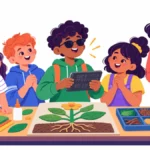 Illustration of a blind boy presenting his group's work from braille notes while classmates listen