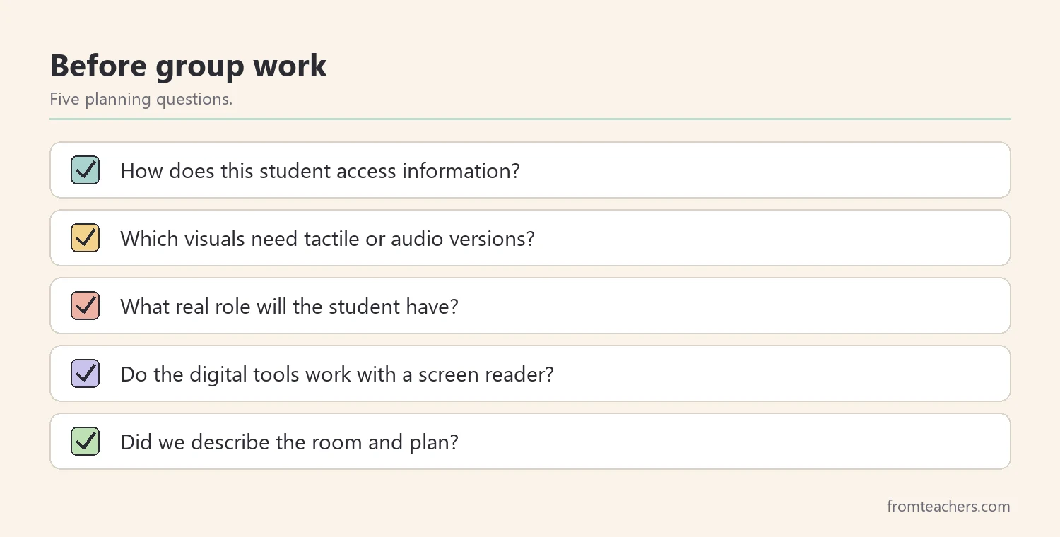 Checklist of five planning questions for including blind students in group activities