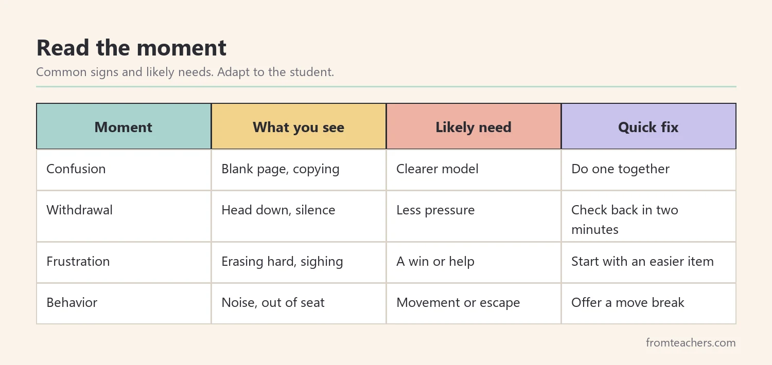 Matrix of four classroom moments with what you see, the likely need, and a quick fix