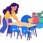 Illustration of a first-year teacher arranging tables and a quiet corner in an empty classroom before school starts