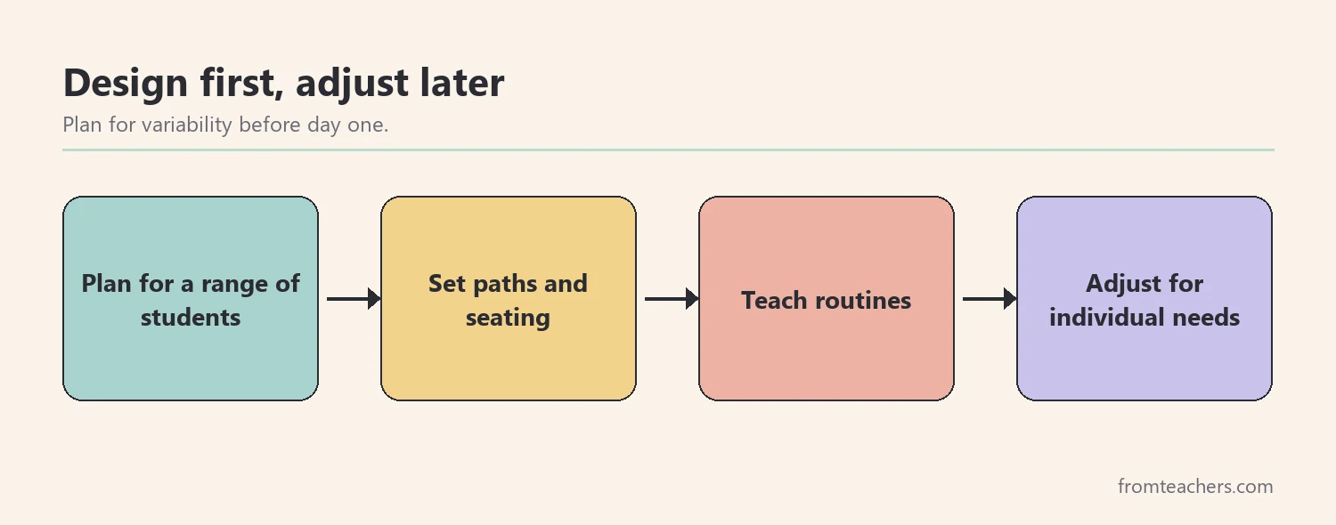 Flow comparing designing for inclusion from the start in four boxes