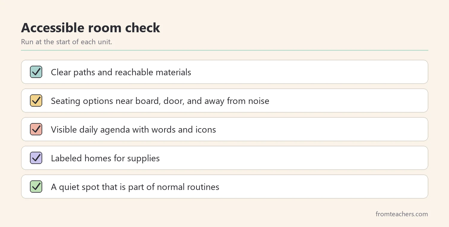 Checklist for an accessible inclusive classroom covering paths, seating, agenda, supplies, and a quiet spot