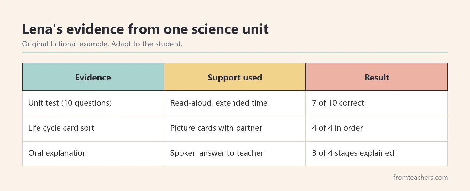 Table of a fictional student's unit evidence showing test score, card sort, and oral explanation