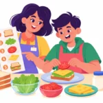 Illustration for independent living skills: a young man with a teacher in a classroom kitchen following a picture recipe to make a sandwich