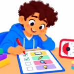 Independent work skills: a middle school boy at his desk checking off steps on a task planning sheet beside a small visual timer