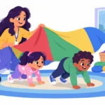 Illustration of preschoolers doing animal walks on a classroom rug while a boy with a walker joins in