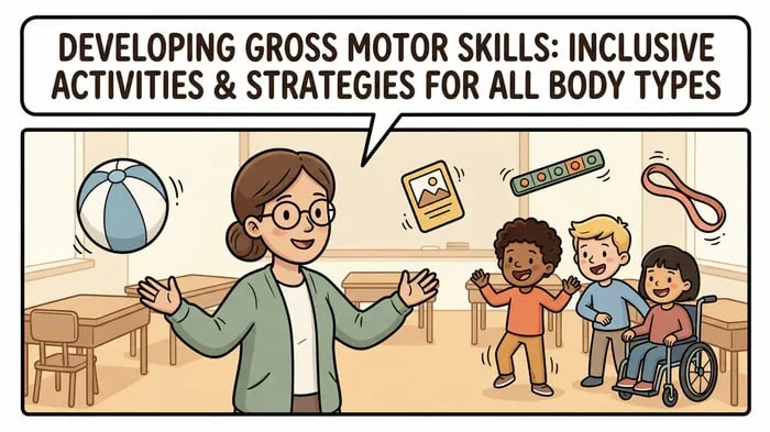 Comic style cover of a guide on developing gross motor skills with inclusive activities for all body types