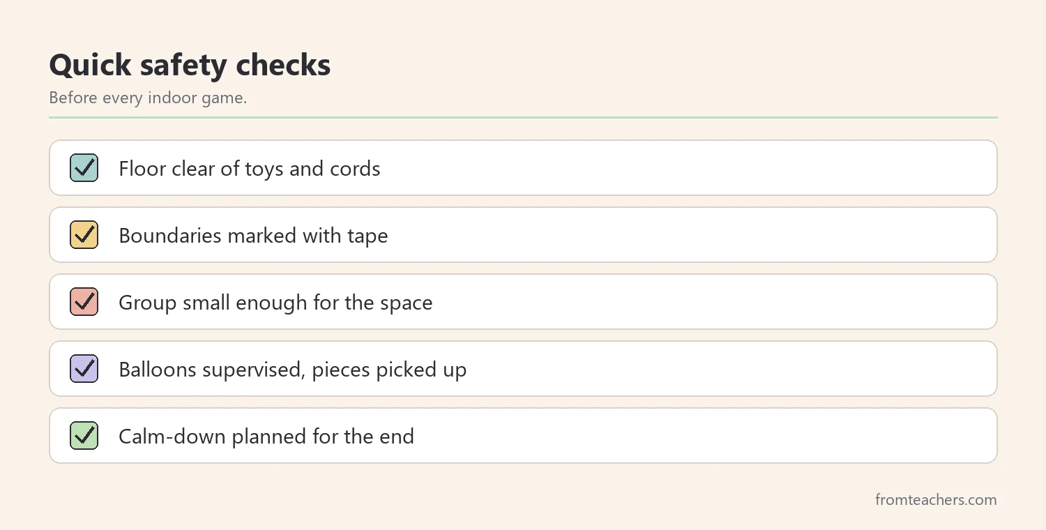 Checklist of five safety checks before indoor movement games for preschoolers