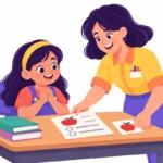 Illustration for instructional adaptations: a teacher placing a large-print worksheet and a picture card on the desk of a focused girl