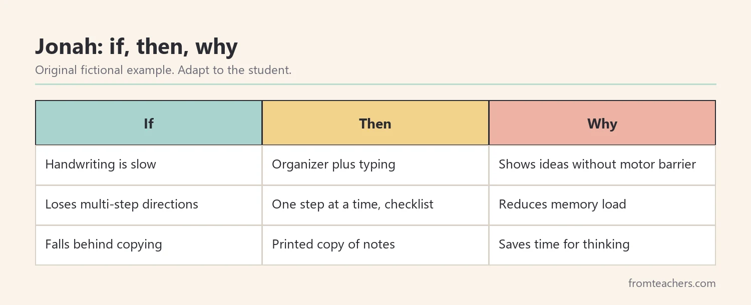 Three-column table of fictional if, then, why statements for one student's writing and attention needs