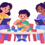 Interobserver agreement in ABA: two behavior therapists sitting side by side with clipboards, observing a child playing with blocks at a small table