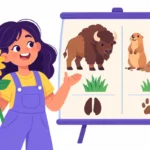 Illustration for Kansas facts for kids: a smiling girl holding a sunflower beside a classroom chart comparing bison and prairie dogs