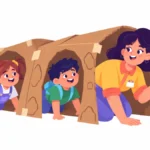 Illustration for Kentucky facts for kids: a teacher with a flashlight leading kids through a cardboard cave tunnel in the classroom