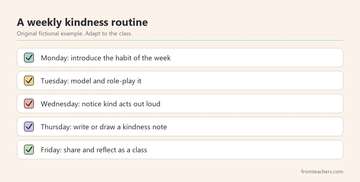 Checklist of a weekly classroom kindness routine from Monday to Friday