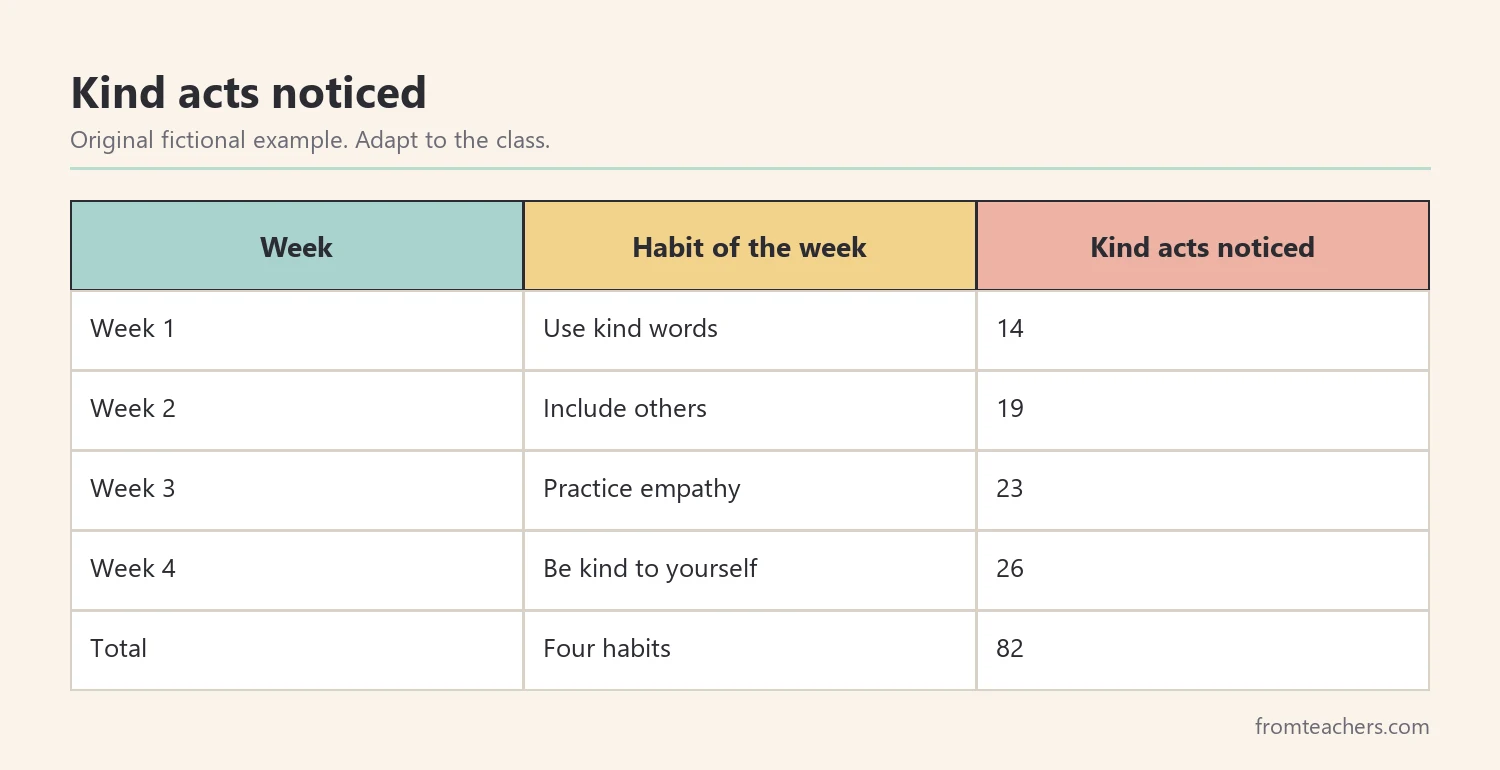 Table of kind acts noticed by a fictional class over four weeks rising from 14 to 26