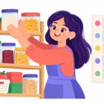 Illustration for kitchen basics: a young adult putting jars on a tidy pantry shelf next to a simple weekly meal plan