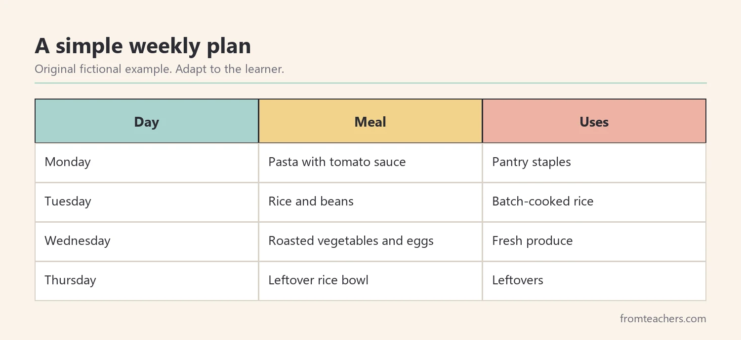 Table of a fictional four-day meal plan using pantry staples and leftovers