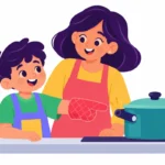 Kitchen safety skills lesson: a child in an oven mitt beside a parent, pointing at a pot handle turned inward