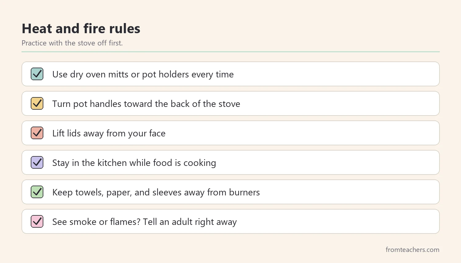 Checklist of heat and fire safety rules for kids in the kitchen