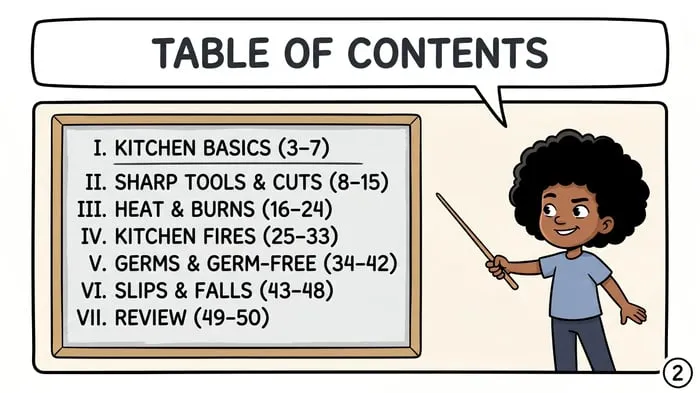 Pages from the kitchen safety guide on hazards and tools