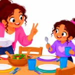 Illustration of a mother and daughter talking while setting the dinner table together