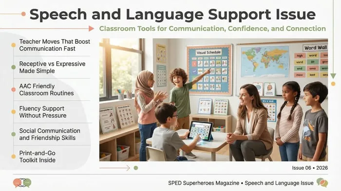 Speech and language support issue cover with classroom tools for communication and confidence