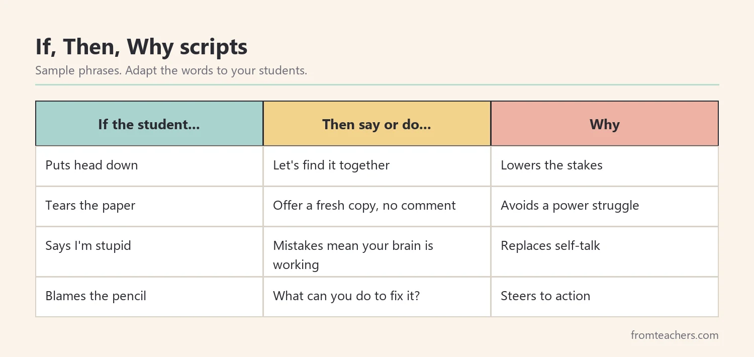 If, Then, Why table with calm teacher responses to common student reactions to mistakes