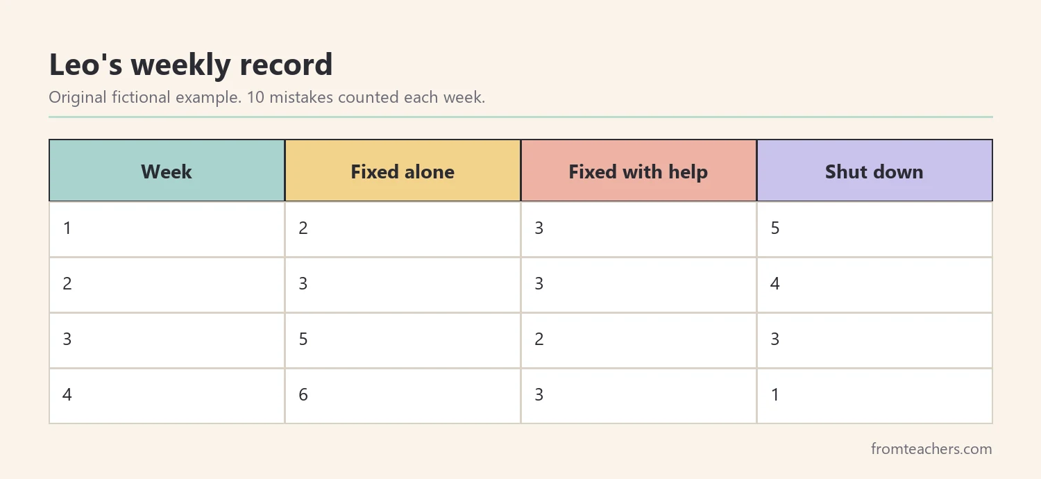 Weekly record of a fictional student's mistakes fixed independently, fixed with help, and shutdowns