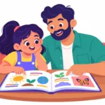 Illustration for learning guides for kids: a dad and his daughter reading a colorful illustrated learning guide together at a kitchen table