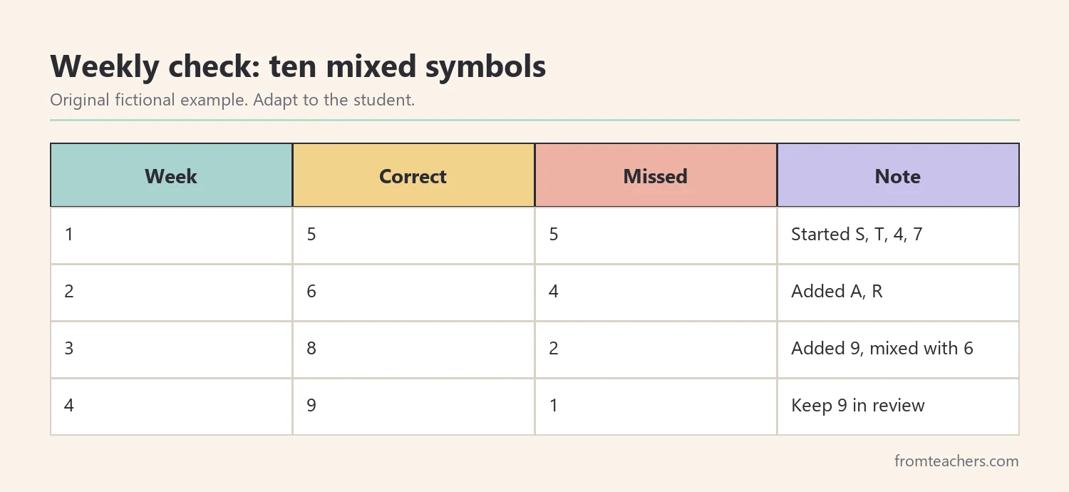 Table of four weeks of fictional data showing correct letters and numbers out of ten each week