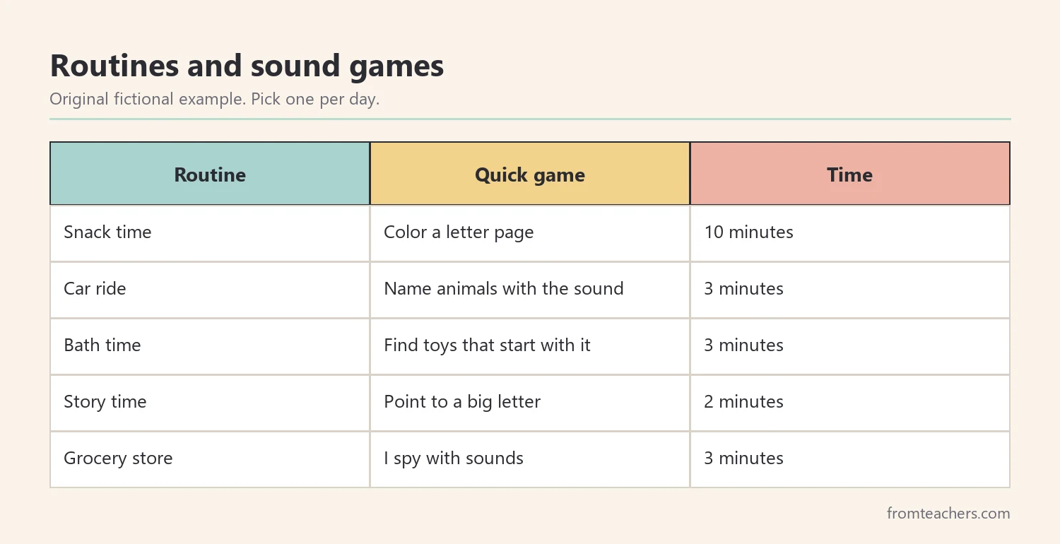 Matrix of everyday home routines and the letter sound game that fits each one