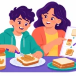 Illustration for life skills at home: a mother guiding her teenage son as he spreads peanut butter on bread using a picture recipe card