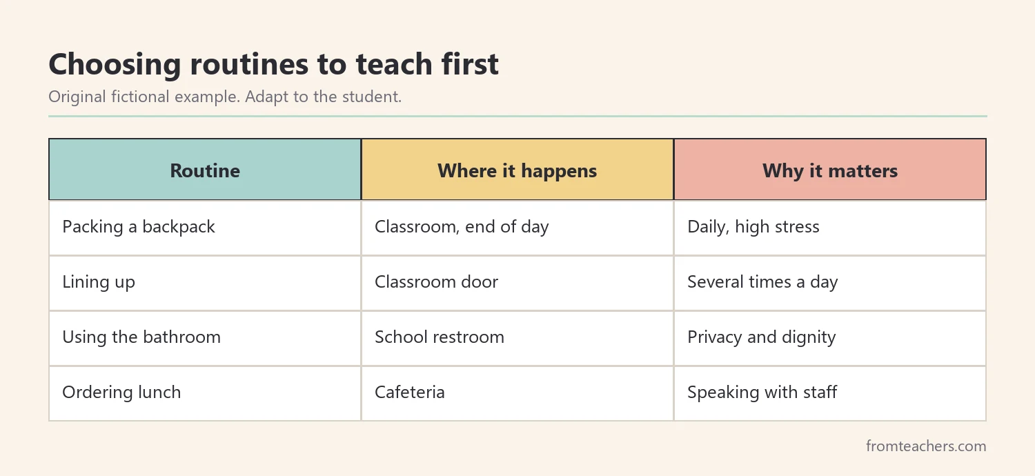 Table of four school routines with where they happen and why they matter