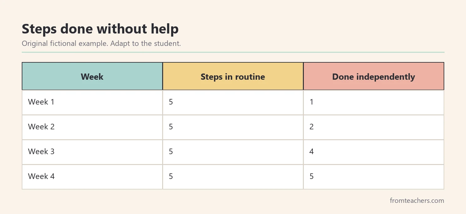 Table of a fictional student's independent steps for packing a backpack over four weeks