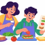 Illustration for life skills toolkit: a teacher standing beside a teenage boy who is following a picture recipe card to make a sandwich