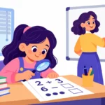 Illustration of a grade 4 student reading a large print worksheet with a magnifier at her desk
