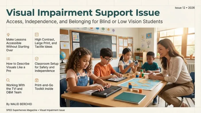 Visual impairment support issue cover about access and belonging for blind or low vision students