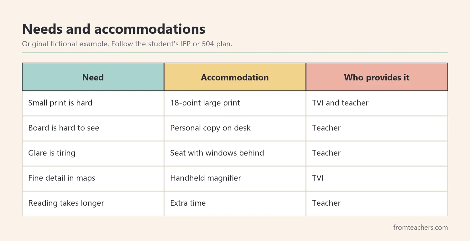 Matrix of fictional student needs with the classroom accommodation and who provides it