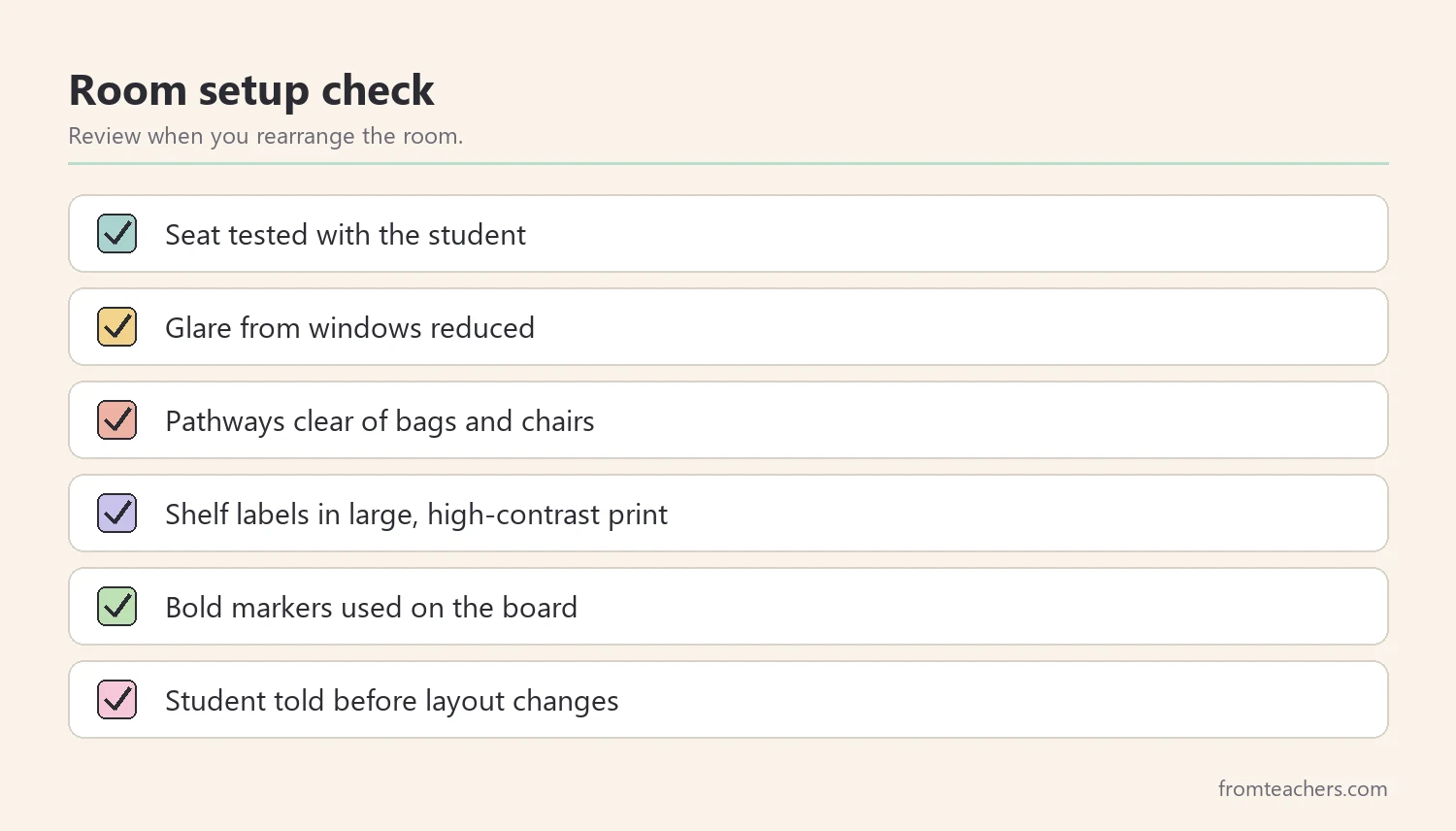 Checklist of classroom setup items for a student with low vision