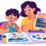 Illustration for Maine facts for kids: a boy painting a lighthouse while a teacher shows a sunrise picture of Cadillac Mountain