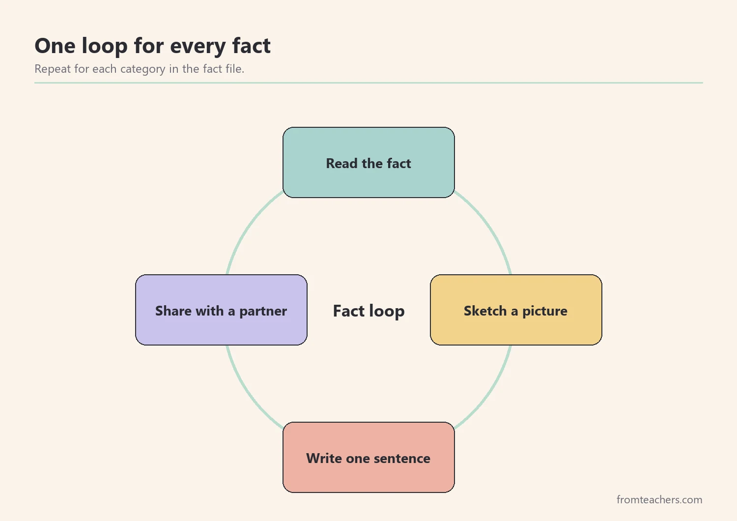 Cycle of four steps for each fact file entry: read, sketch, write, and share