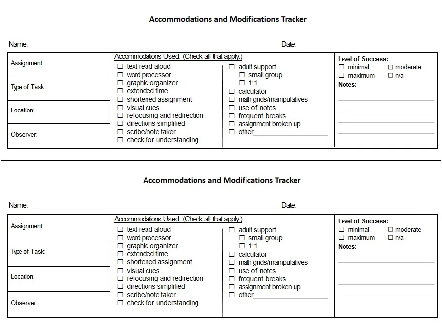 Preview of the accommodations and modifications tracker with a checklist of supports and a success rating