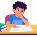 Illustration for math self-talk: a boy whispering to himself while underlining a word problem and holding a pencil near his chin