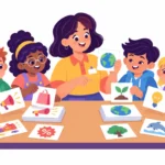 Illustration for media literacy for kids: a teacher and a small group of kids sorting printed cards into two piles labeled ads and facts on a classroom table