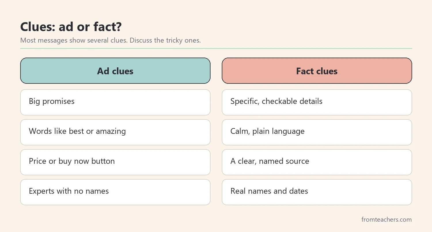 Comparison of clues that point to an ad and clues that point to a fact